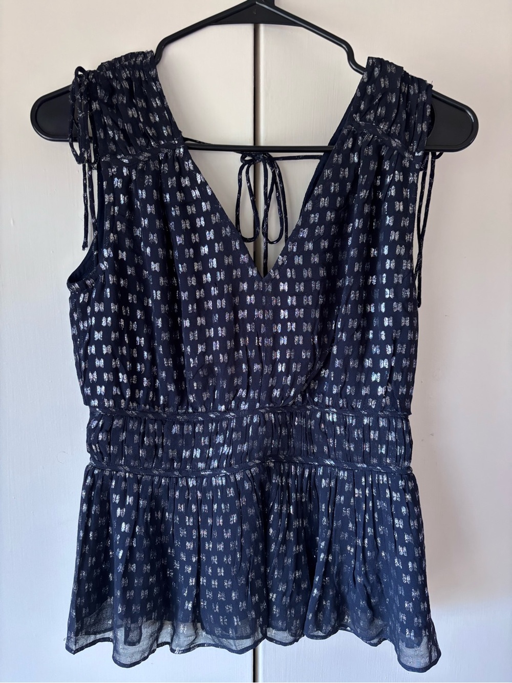 Parker Navy Blue Printed Sleeveless V-Neck Top